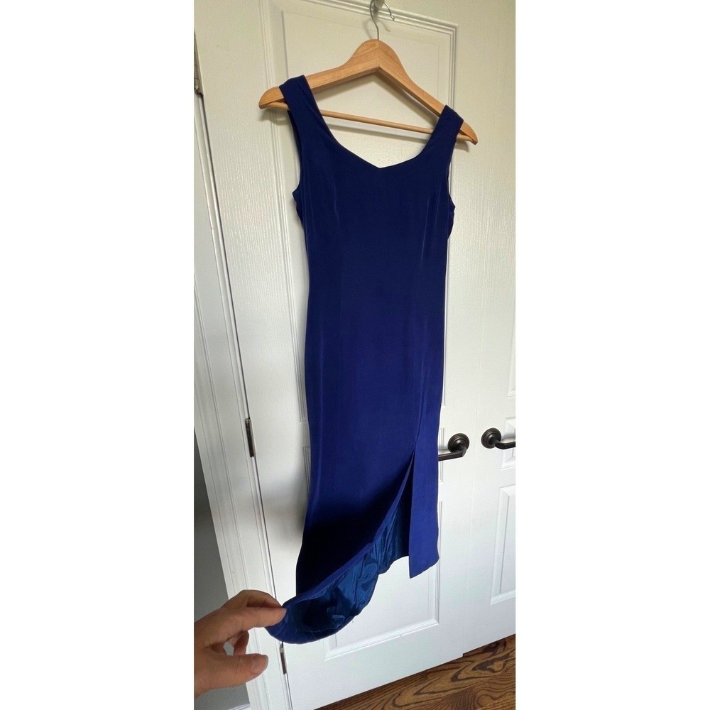 Vintage 90s Patrick Petite Navy Blue Silk Sleeveless Size‎ 4 Bow Back Midi Dress